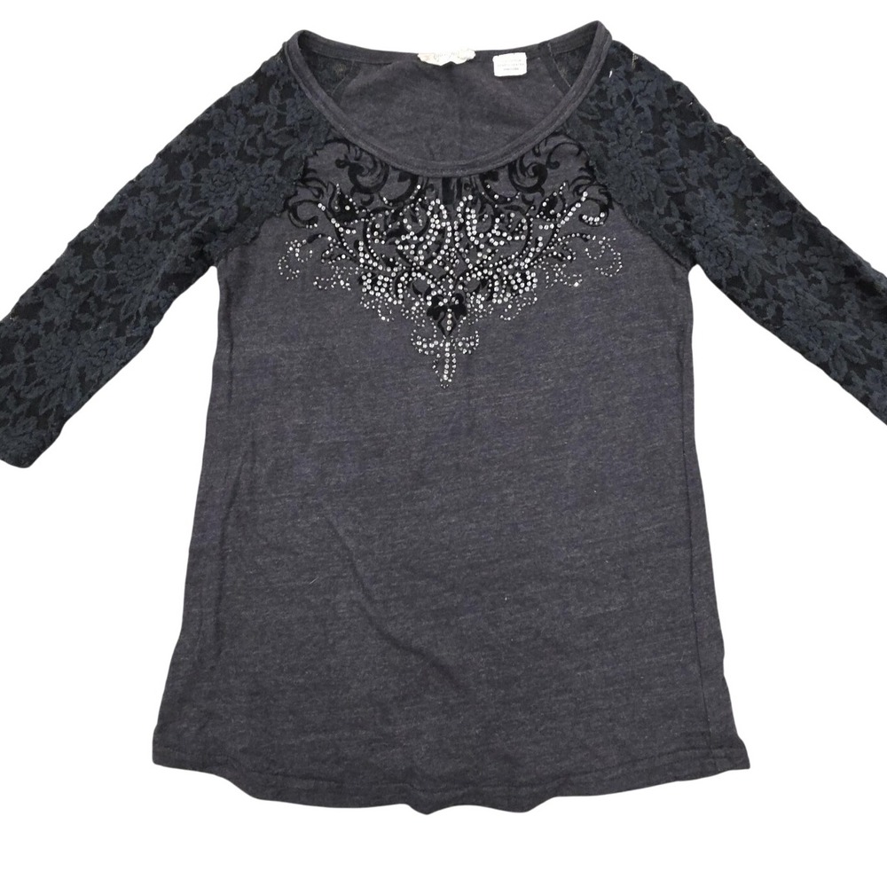 Miss Me Girls Shirt Womens Large Black Lace Sleeve Velvet Burnout Whimsigoth Y2K